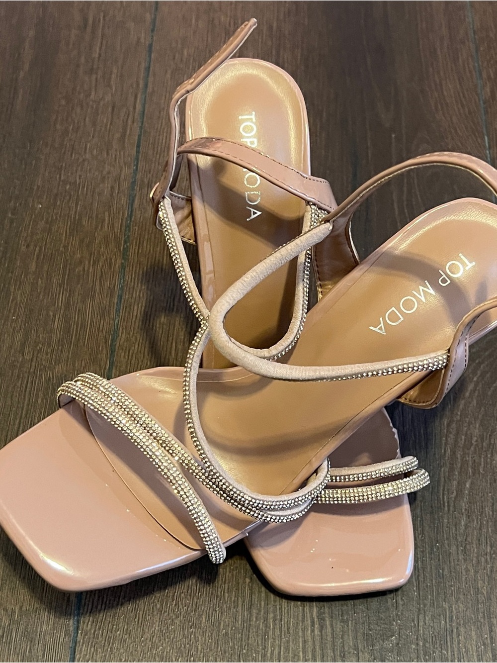 TOP Moda Blush Pink Rhinestone Strap Block Heel Sandals